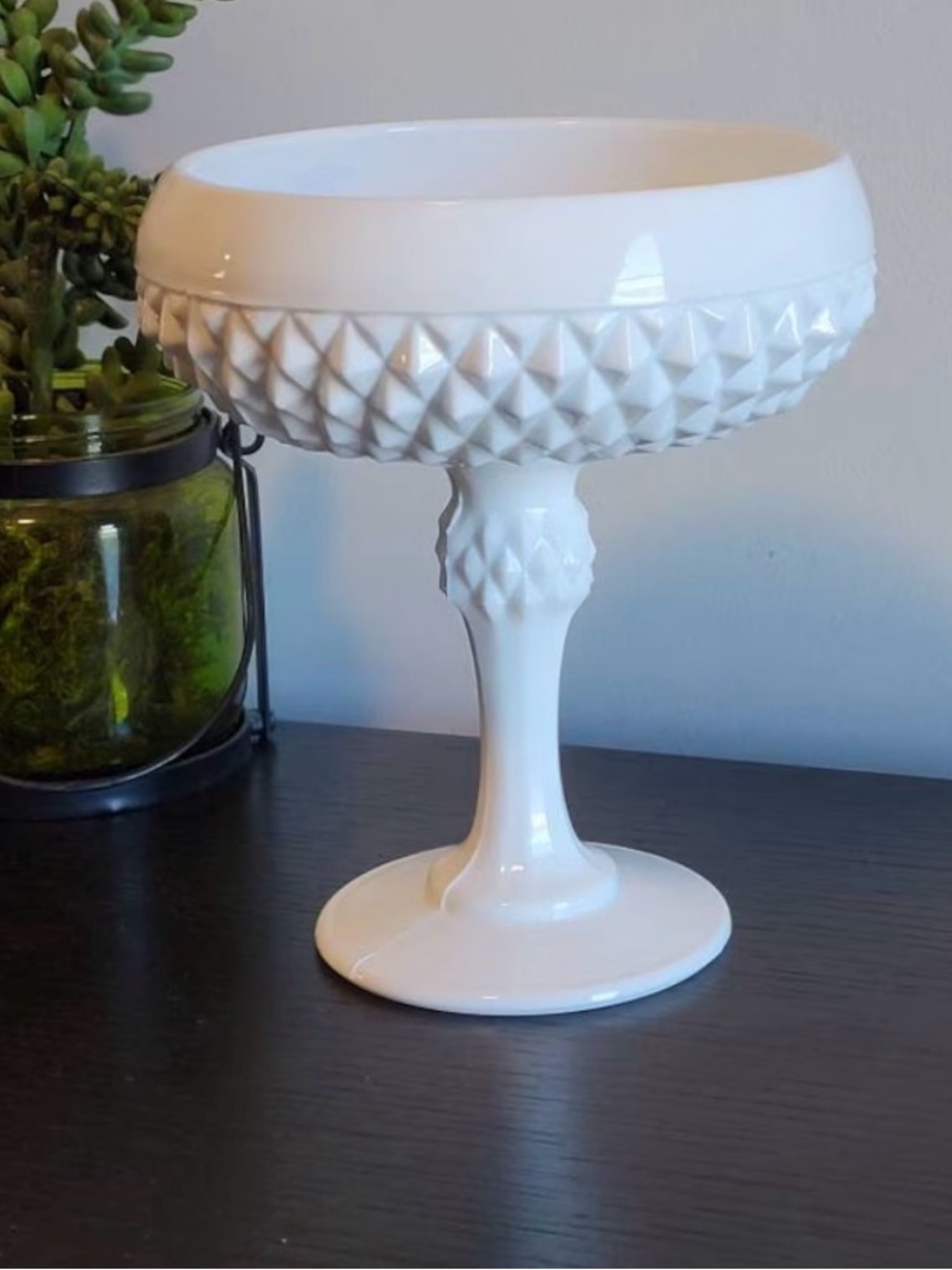 Vintage Tiara Diamond Point Pedestal Milk Glass Compote Pedestal Bowl